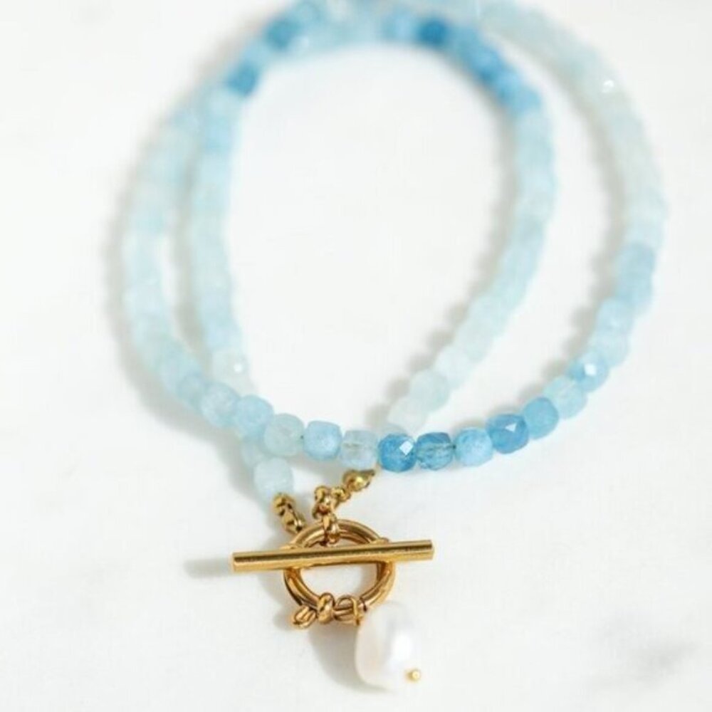 Aquamarine Beaded Necklace Ocean Blue Gemstone Jewelry Waterproof Vacation Gift - Picture 10 of 14